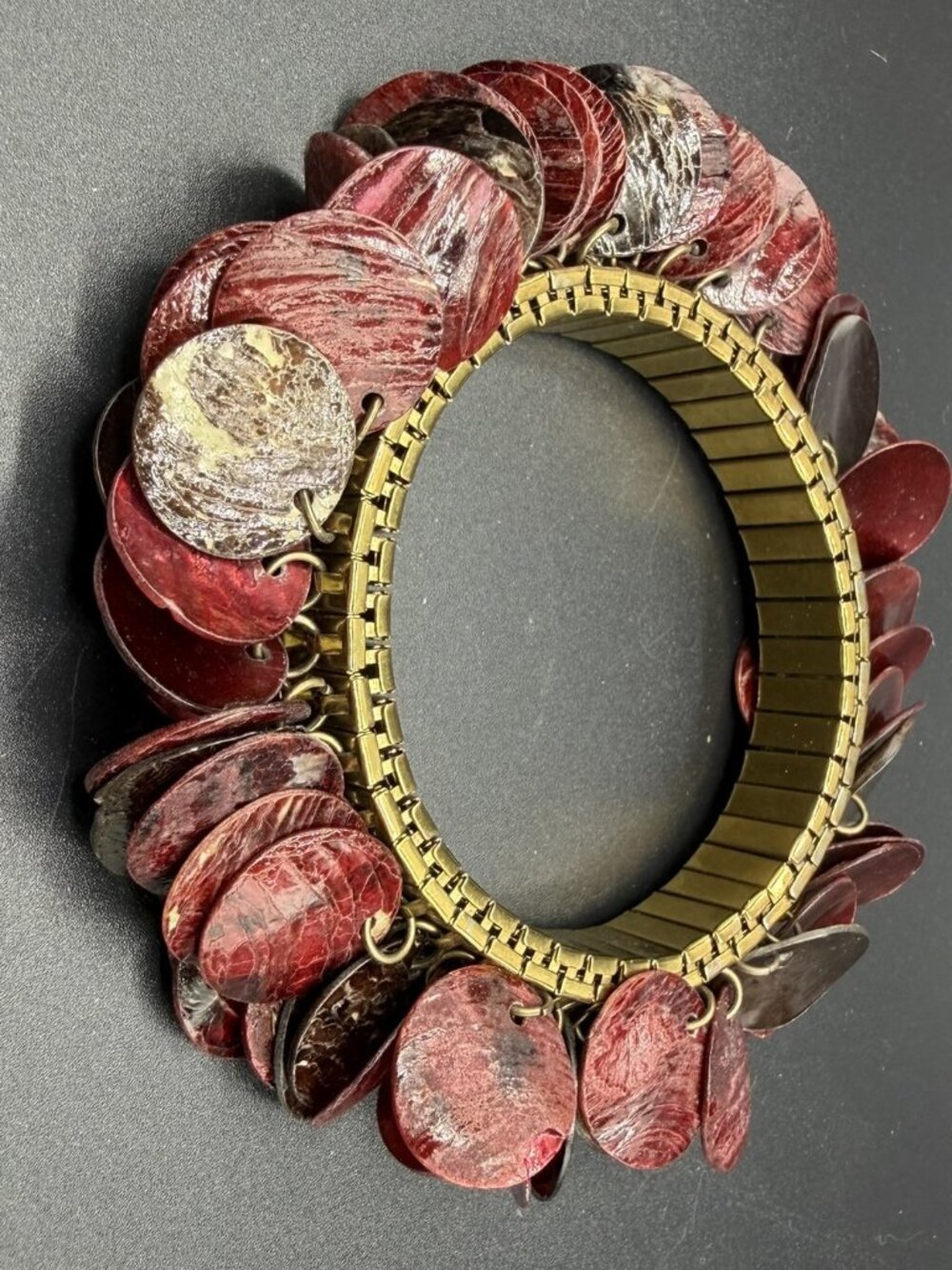 Statement Stretch Bracelet Red Shell Disc Fringe Boho Chunky Bracelet